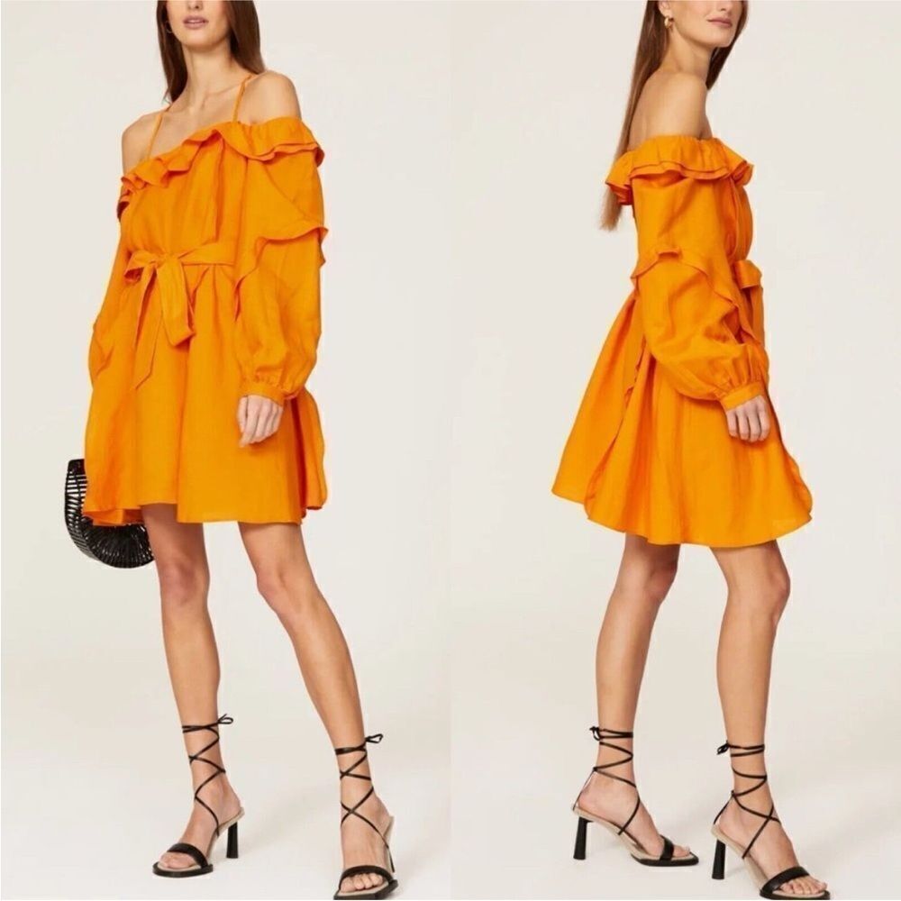 MARISSA WEBB | Orange Off the Shoulder Belted Linen Blend Dress Women’s Size 6